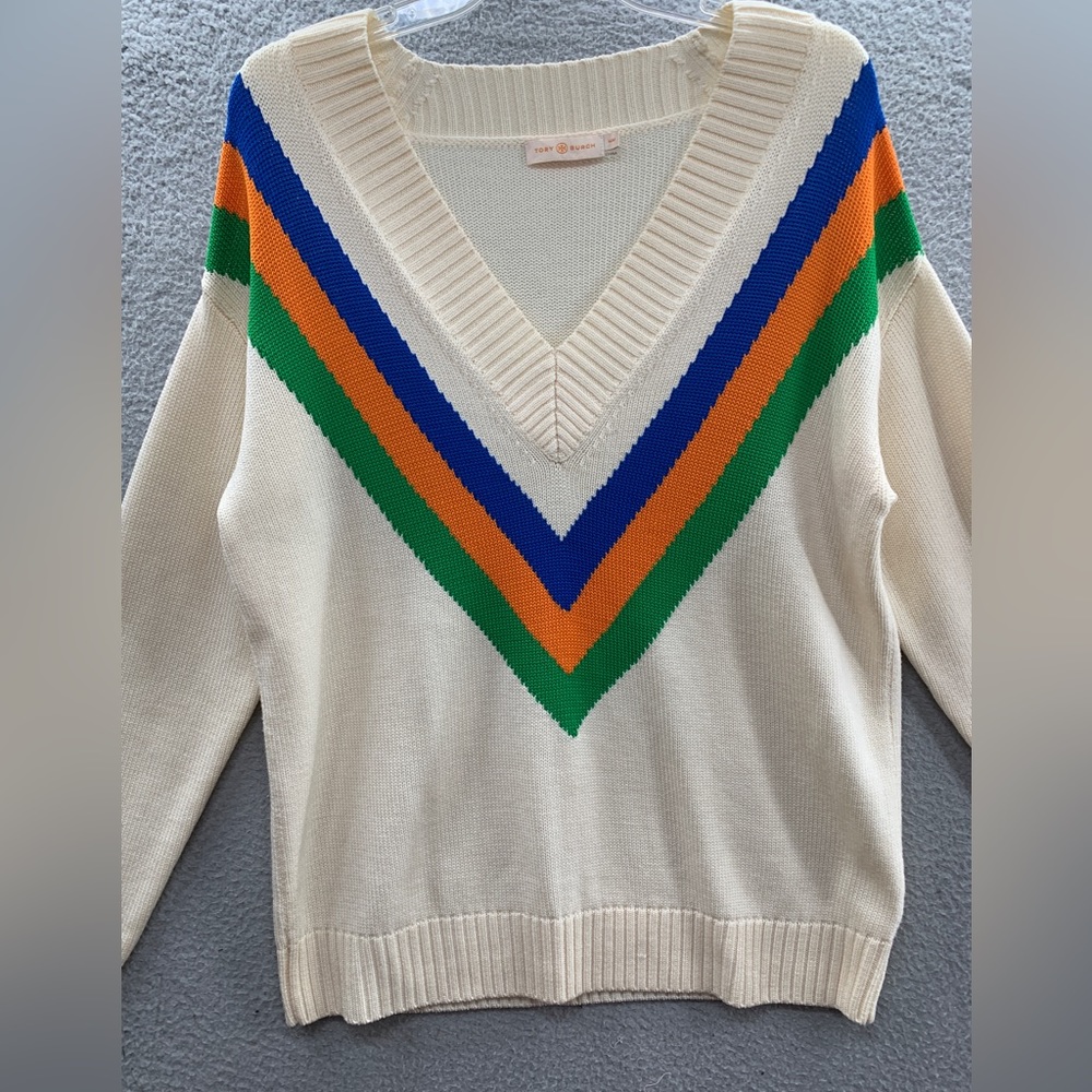 Tory Burch Cream V‑Neck Sweater with Blue, Orange & Green Chevron - Picture 3 of 11